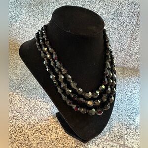 Vintage Black Glass Bead Faceted 3 Strand Graduated Necklace